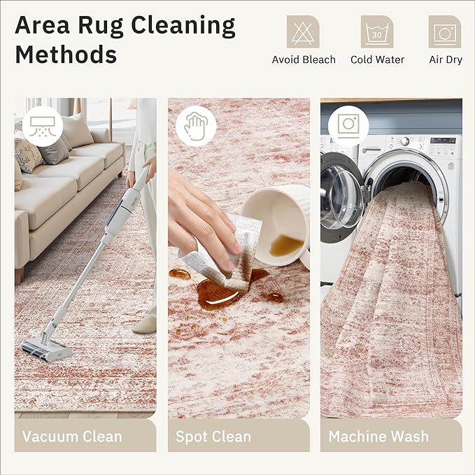 Soalmost 9x12 Area Rugs for Living Room Washable Rug Non-Slip Pink | Large Vintage Stain Resistant Carpet for Dining Bedroom, Low Pile Lightweight Foldable Floor Mat Nursery Home Office Decor