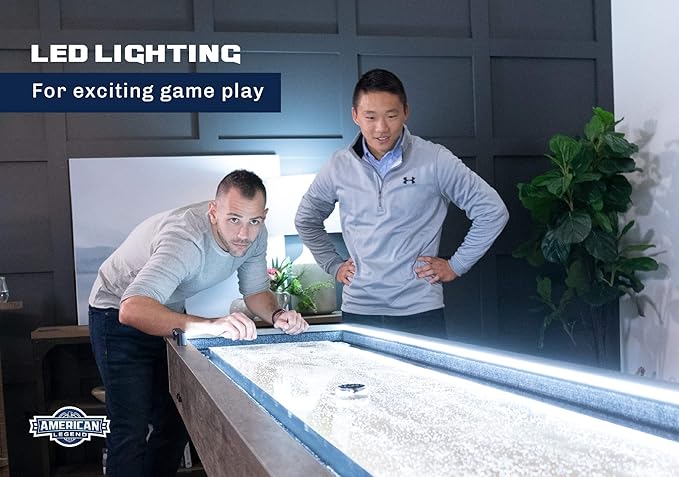 American Legend Kirkwood 9’ Shuffleboard Table with LED Rails, Bowling Game Set, Rustic Wood Finish & Accessories Included