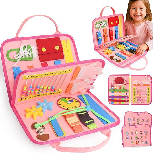 Montessori Busy Board Book, Toddlers, Sensory Activities and Preschool Learning - Toy for Home, Airplane and Car Travel (Pink)