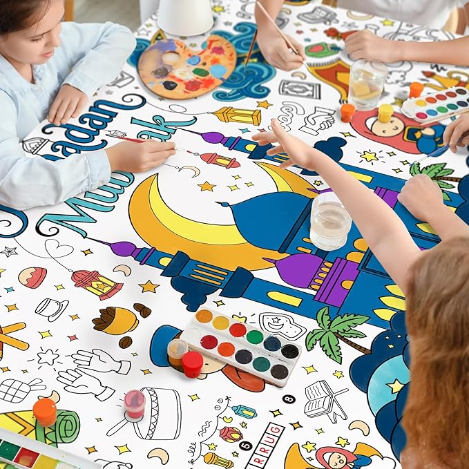 Ramadan Activity Poster & Home Decor - 31.5 x 72" Coloring Banner/Table Cover for Eid Mubarak Decoration, for School Parties & Ramadan Decoration