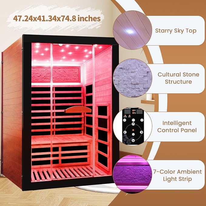 2 Person Far Infrared Home Sauna Low EMF 2000W 110V Wooden Indoor Dry Sauna with Red Light Bluetooth Speakers 47.24"x41.34"x74.8"
