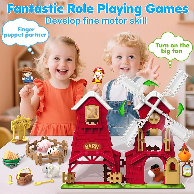 Farm Animals Barn Toys for 1 2 3 Year Old, Montessori Learning Toy for Toddlers, Farm Playset with Animal Figures and Accessories, Christmas Birthday Gift for Boys Girls Baby 12-18 Months