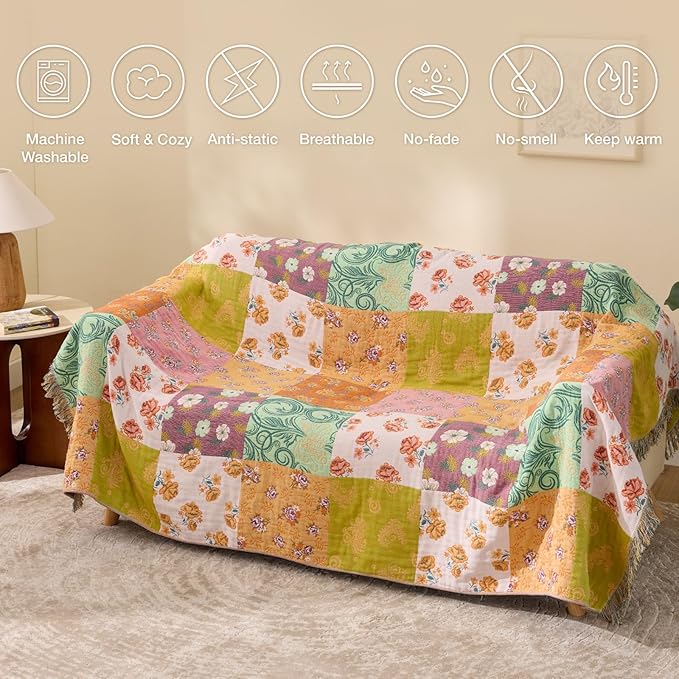 RILIHO 100% Cotton Boho Throw Blanket for Home Decor – Classic Farmhouse Quilt Bedding, Muslin Blankets for Adults, Vintage Woven Decorative Blanket for Couch, Bed Layering Use, Patchwork, 90"x90"