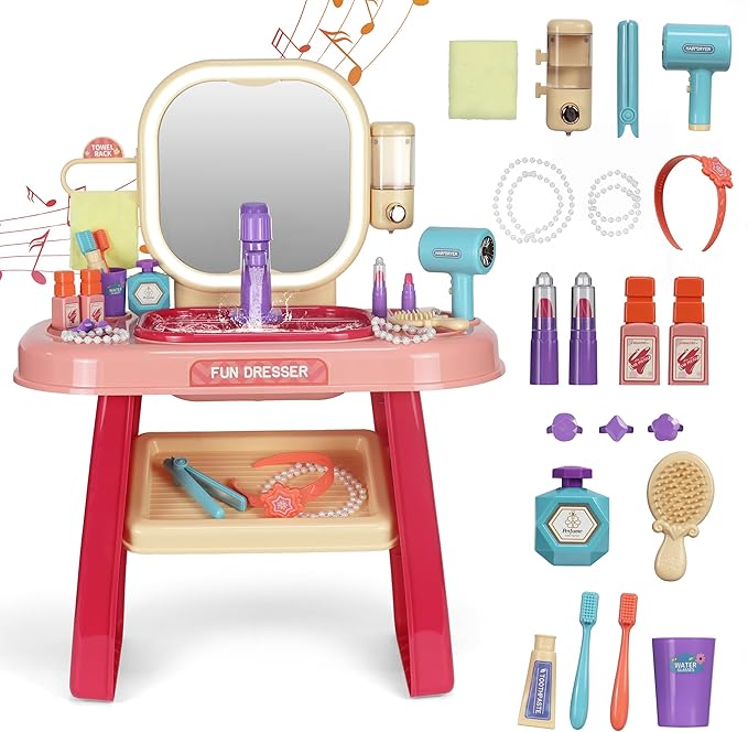 Kids Vanity Set with Mirror, Faucet, LED Lights & Music – Purple Princess Makeup Table with Stool, 23 Pretend Accessories, Toddler Vanity Beauty Salon Toy Gift for Girls Ages 3–6 Dress Up Play