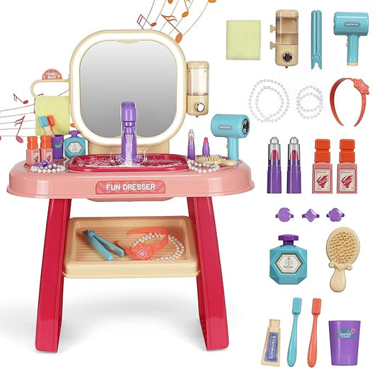 Kids Vanity Set with Mirror, Faucet, LED Lights & Music – Purple Princess Makeup Table with Stool, 23 Pretend Accessories, Toddler Vanity Beauty Salon Toy Gift for Girls Ages 3–6 Dress Up Play
