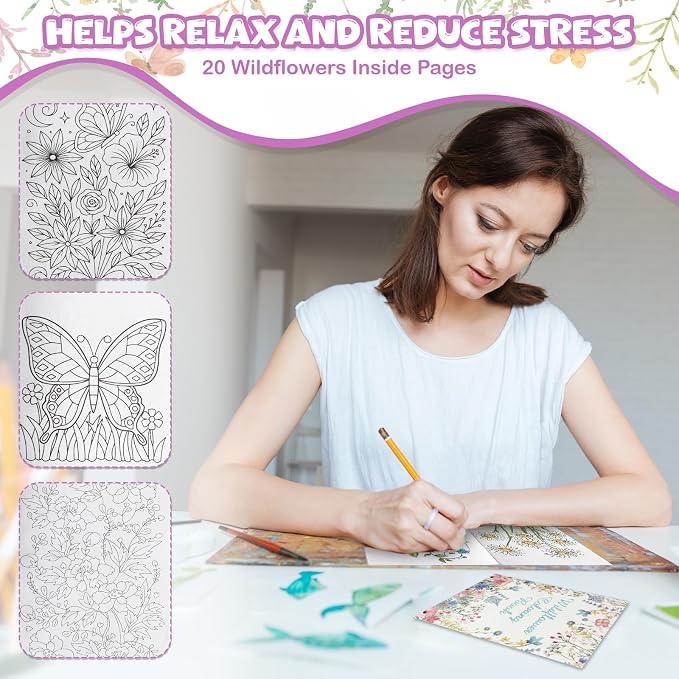 Liliful 24 Pcs Wildflowers Coloring Book Bulk for Adult Calm Supplies DIY Art Stress Relief Drawing Book with Colorful Flower Patterns for Favors Goodie Bag Filler and Holiday Gifts