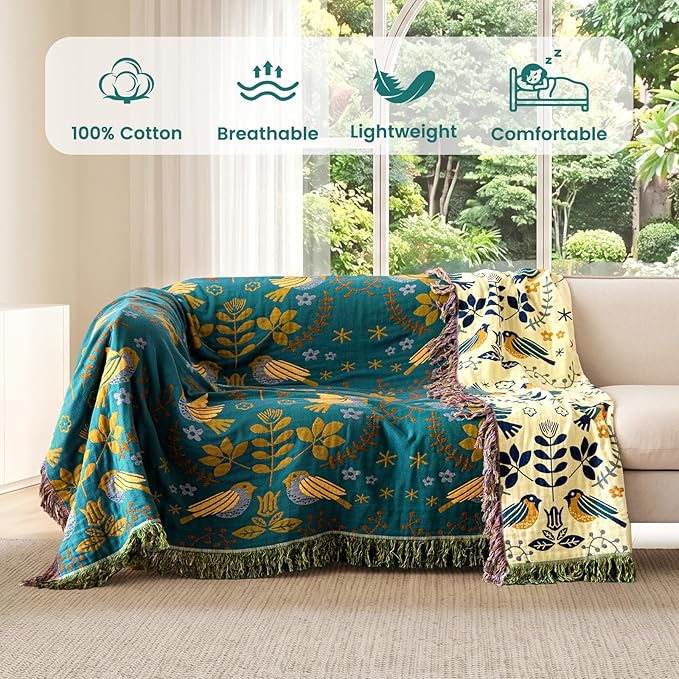 MSGKV Boho Throw Blanket 60"x80" 100% Cotton Bird Quilt for Bed & Couch | 100% Cotton Throw, Bird Quilt Design, Muslin Blanket, Summer Breathable, Farmhouse Decor, Lightweight, Machine Washable