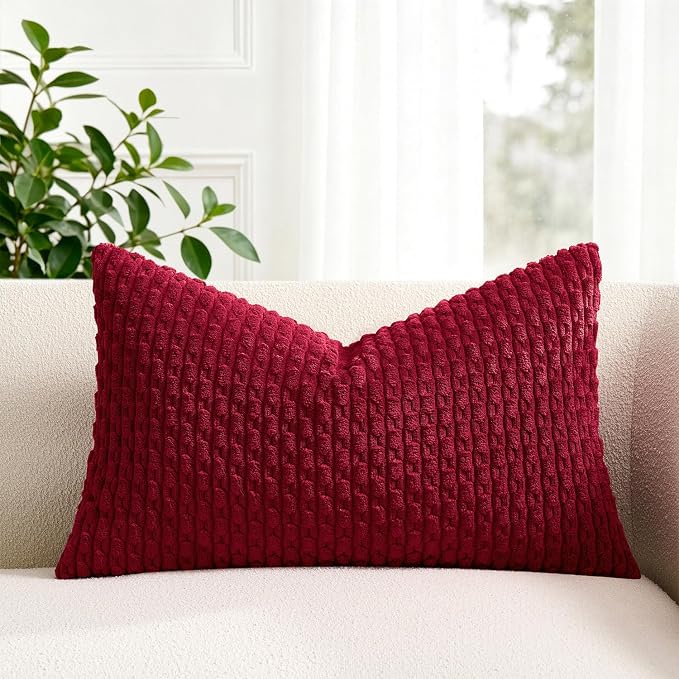 Kevin Textile Soft Corduroy 14"x24" Lumbar Pillow Cover 1 Pack, Burgundy | Boho Stripe Plush Corduroy Decorative Oblong Cushion Cover Modern Farmhouse Home Decor for Sofa Couch Bed Chair