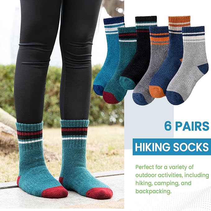 WEVIAS Kids Merino Wool Hiking Socks Boys Thermal Winter Cozy Boot Warm Cushion Socks 6 Pairs