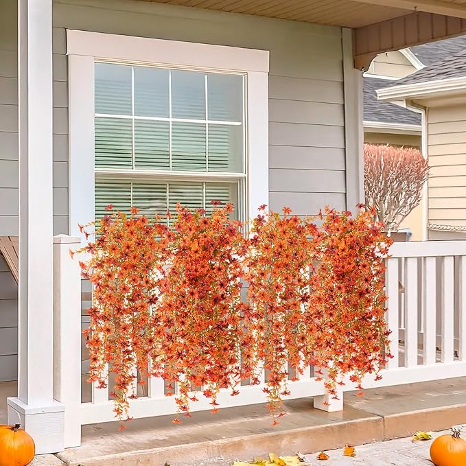 INQCMY Artificial Fall Fake Flowers for Outdoor Fake Hanging Decoration | 2PCS Faux Mums Silk Flower with Autumn Leaves UV Resistant No Fade for Home Planter Porch Patio Yard Balcony (Orange Red)
