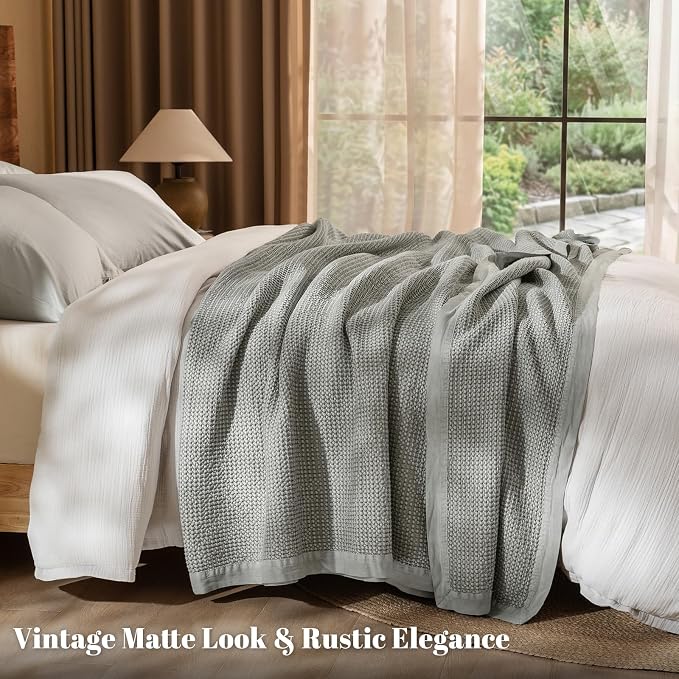 PHF Stone Washed 100% Cotton Waffle Blanket, Vintage Deep Honeycomb Texture, Breathable Thermal Blanket for Bed & Home Decor, All Season Layering - Queen, Frosted Grey
