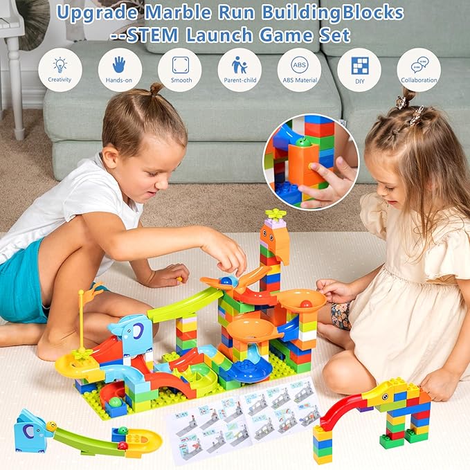 Marble Run Building Blocks for Kids: 130pcs Upgrade STEM Building Set with Launcher - Educational Toys for Kid Age 3-5 4-8 Preschool Family - Birthday for Boys Girls