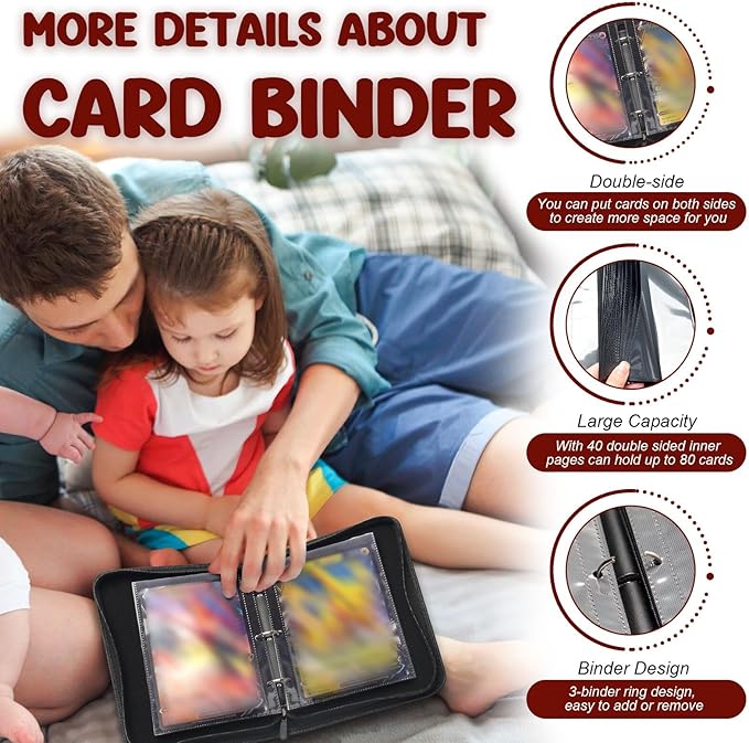 Jumbo Card Binder, HYMENEX 80 Pockets Trading Card Binder with 40 Removable Double Sided Jumbo Cards Sleeves and Zipper for Oversized Cards - Portable & Lightweight 5.4" x 7.5" (Size L)