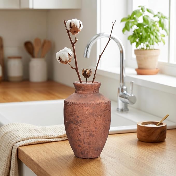 Terracotta Vase, 10 Inch Large Ceramic Flower Vases Rustic Farmhouse Pottery Vase for Home Decor Fireplace Entryway Kitchen Living Room Shelf Mantle Table Decor Brown