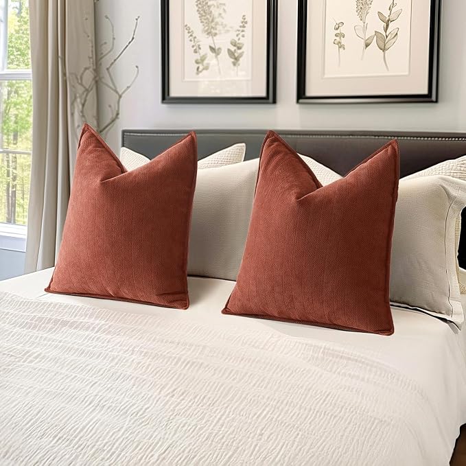 MIULEE Pack of 2 Fall Rust Euro Shams Chenille Pillow Covers 22x22 Inch | Decorative Soft Couch Throw Pillows,Farmhouse Cushion Covers,Elegant Design for Sofa,Bed,Living Room,Summer Decor