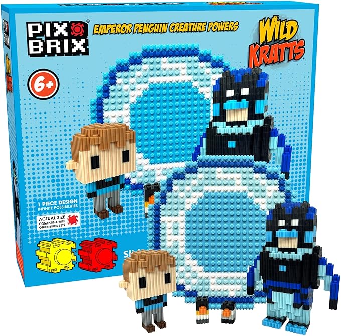 Pix Brix - Wild Kratts Pixel Art Kit - Emperor Penguin, 1482 Pieces - Patented Slide + Stack Pixel Puzzle Building Bricks, Build & Collect Wild Kratts Creature Powers - Stem Toys, Ages 6 Plus