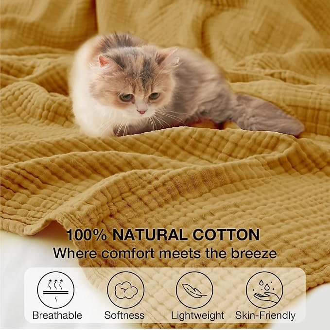 100% Cotton Muslin Blanket California King 120" x 90", 6 Layers Breathable and Lightweight Oversized Blankets for Bed, Soft Cooling Gauze Blanket for Adults All Season, Camel