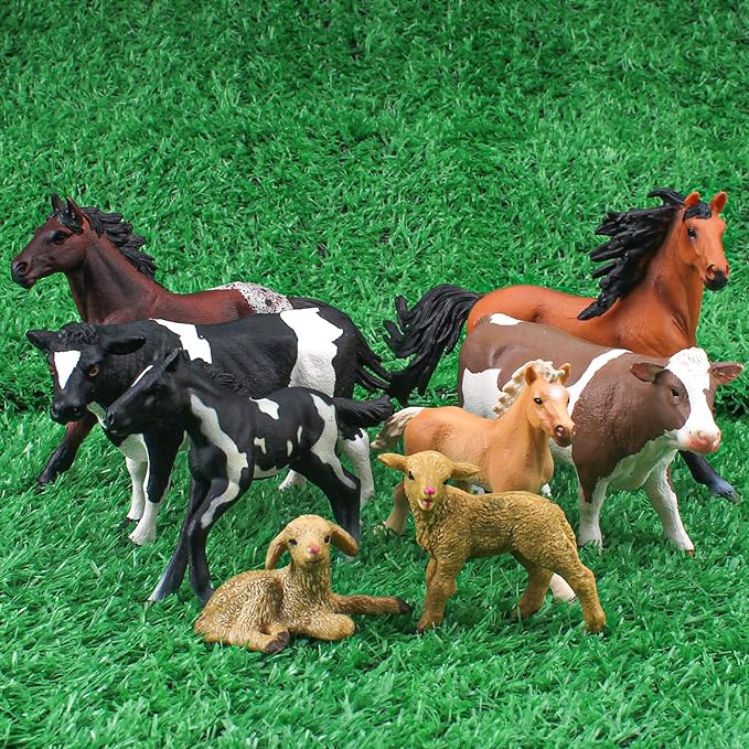 LC JoyCre Farm Animals Playset 8PCS Cows Sheep Horses Toys Playset for Toddlers Holstein Simmental Cow Figure Lamb Figure Appaloosa Foal Model Kids Birthday Party Collection