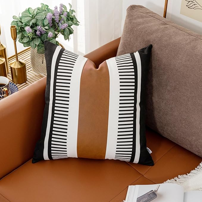 Black White Boho Pillow Cover with Leather Modern Couch Cushion Cover 22x22 inch Farmhouse Stripe Pillowcase for Couch Bed, Black