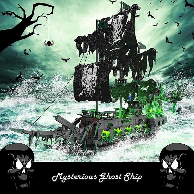 JMBricklayer Pirate Ship Building Toys with Lights, Ghost Ship Flying Dutchman Model Ship Boat 40001, Toy Building Sets for Adults, Easter Decor Christmas Birthday Gifts (1100 PCS)