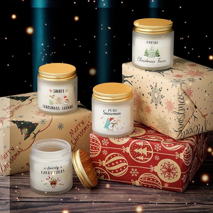 4 Pcs Christmas Scented Candles Gift Set 3.38 oz Mini Soy Wax Xmas Fresh Aromatherapy Holiday Jar Candle Gifts Christmas Tree Cookies Candy Cane Snowman Scent for Women Men