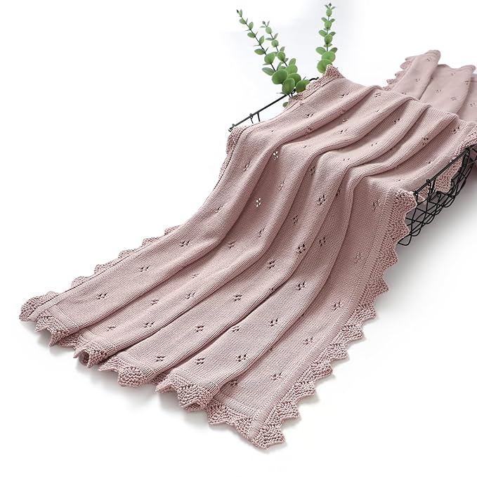 mimixiong Cotton Baby Blanket Knitted Crochet Receiving Crib Nursery Swaddling Blankets for Newborn Baby Boy Girl with The Bunny Rattle (Dreamy Lilac)