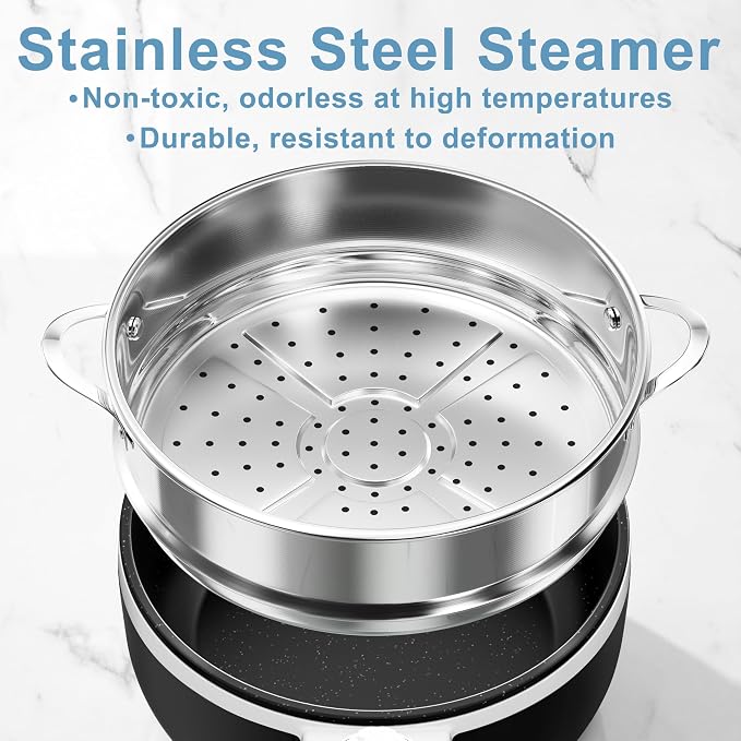 Dezin Hot Pot Electric with Steamer, 1.5L Non-Stick Portable Electric Pot | Dual Power, Upgraded 700W Electric Pot for Cooking Steak, Egg, Oatmeal, Ramen Cooker for Dorm, Travel, RV, Office, Black Pan
