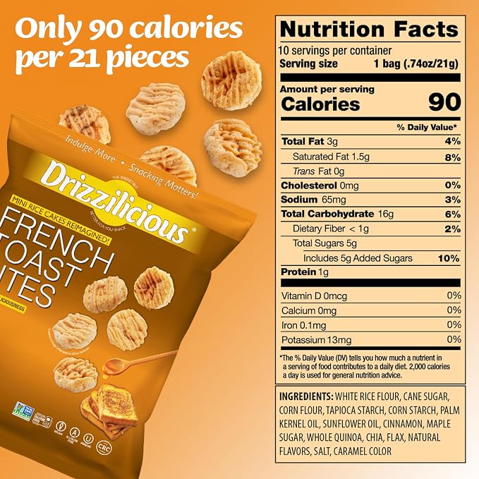 Drizzilicious Mini Flavored Rice Cakes French Toast - Rice Crisps, Healthy Snack for Adults and Kids, Vegan, Gluten Free Snack, Allergen Free, Only 90 Calories Per Bag - .74 oz (Pack of 20)