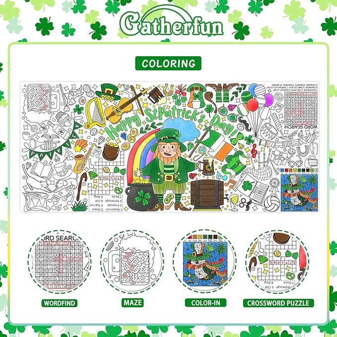 St. Patrick's Day Coloring Poster for Classroom Wall - Versatile 31.5 x 72 Inches irish themed Activity Poster/Table Cover, School Parties, St. Patrick's Day Party Decoration