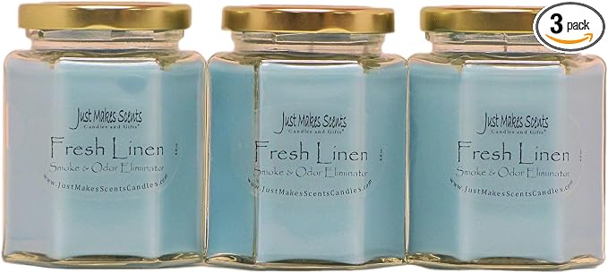 3 Pack - Fresh Linen Scented Smoke and Odor Eliminator Candle - Odor Eliminating Scented Candles for Home - Neutralizes Cigarette, Food, and Pet Smells - Hand Poured in The USA