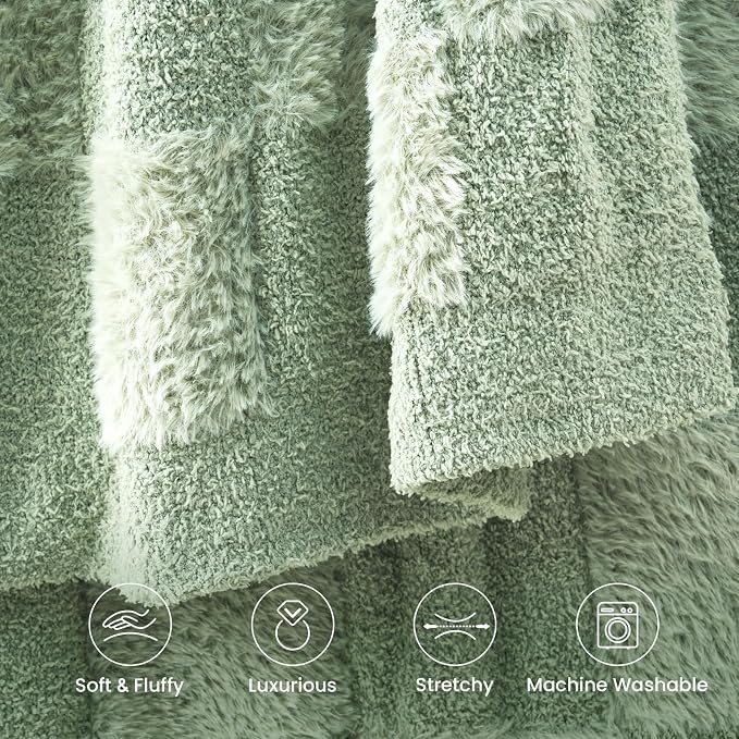 Snuggle Sac Faux Fur Checkered Blanket Twin Size with Soft Knitted Microfiber,Cozy Soft Warm Blanket for Sofa Bedroom Living Room,Solid Sage Green,60x80 inches