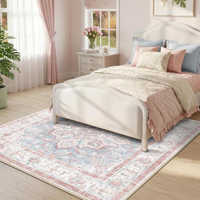 CAPALOCA Square 5ft Washable Nursery Girls Low Pile Area Rug Pink Blue | Non-Slip Soft Rugs for Bedroom Kids Playroom Living Room, Print Pattern Water Repellent Carpet Indoor Decor