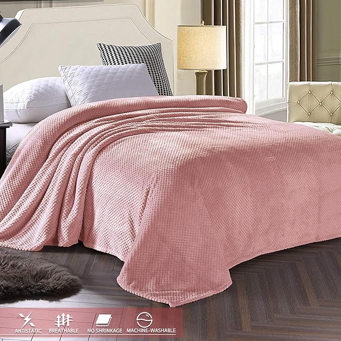 Exclusivo Mezcla Soft Waffle Fleece Bed Blanket Twin XL Size, Pink | Lightweight Plush Blanket for Bed, Couch, Sofa, Cozy Fluffy Design for Bedroom, Guest Room, All Season, 90x66 Inches