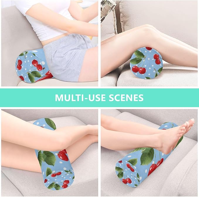 Light Blue Dots Red Cherry Neck Roll Pillow Bolster Round Health Memory Foam Long Cervical Cylinder Pillows with Removable Washable Cover for Body Bed Legs Back Yoga