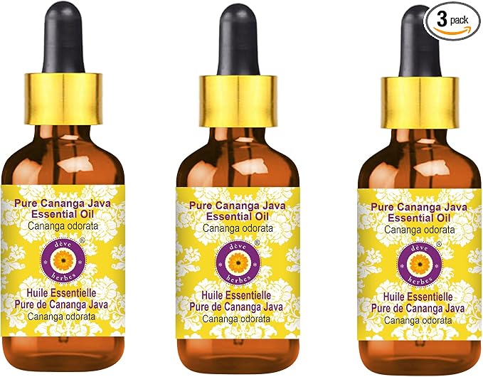 Deve Herbes Pure Cananga Java Essential Oil (Cananga odorata) with Glass Dropper Steam Distilled (Pack of Three) 100ml X 3 (10 oz)