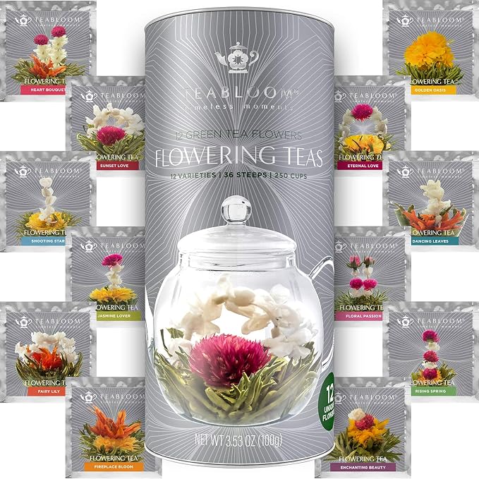 Teabloom Complete Glass Tea Set – Teapot (40 oz), Loose Tea Infuser, 4 Insulated Teacups, Tea Warmer with Candlelight, and 12 Flowering Teas – Elegant Blooming Tea Gift Set