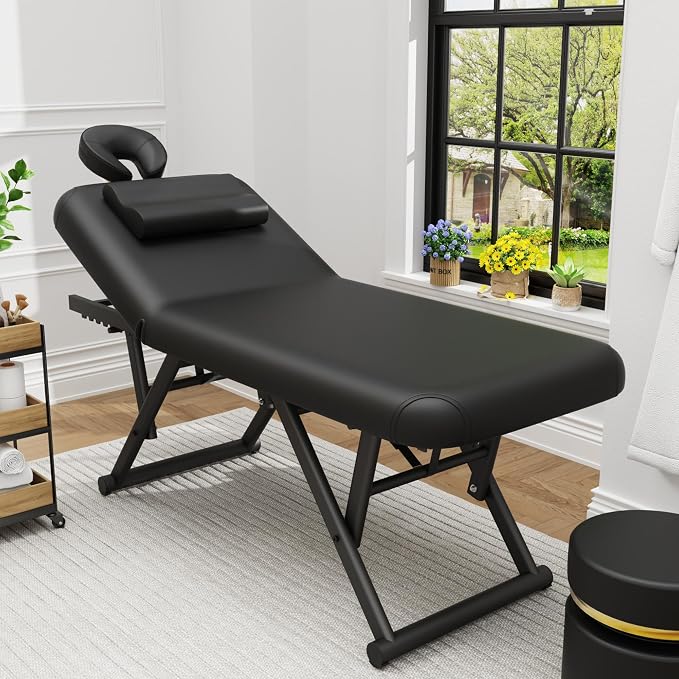 pouseayar Adjustable Massage Table with Face Pillow & Headrest, Sturdy and Solid, Silent and Easy to Adjust - Adjustable Backrest, Black