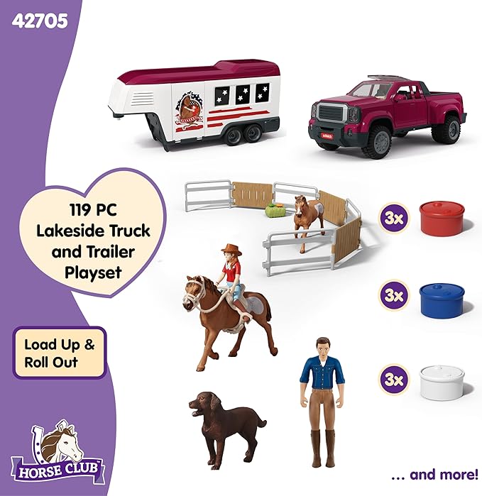 Schleich Horse Club - 119 PC Lakeside Truck and Trailer Playset With 2 Horse Figurines, 2 Poseable Rider Figures and Accessories - Interactive Play for Girls and Boys - Toys for Kids Ages 5+ | 42705