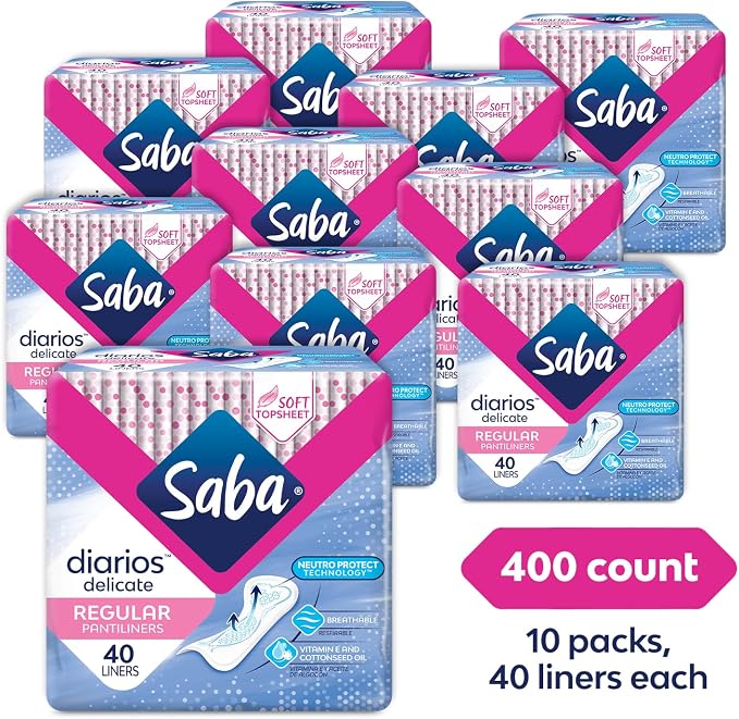 SABA Diarios Regular Delicate Pantiliners, Unscented, Breathable & Comfortable for Everyday Freshness, 10-Pack of 40 Pads (400 Count)