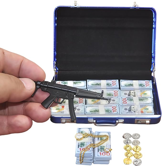 1:6 Scale Miniature Briefcase Set - Includes Fake Gold Bars, Bundles of $100 Mini Dollar Bills, Vintage Coins and Mini Weapons - Unique Adult NoveltyToy & Dollhouse Accessories (Blue)