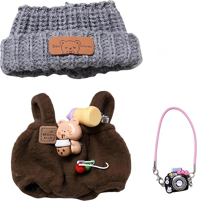 Dolls Designer Clothes for Doll, 17cm Doll Clothes Outfit Accessories with Brown Sweater Overall, Black Camera and Beanie, DDK-Brown