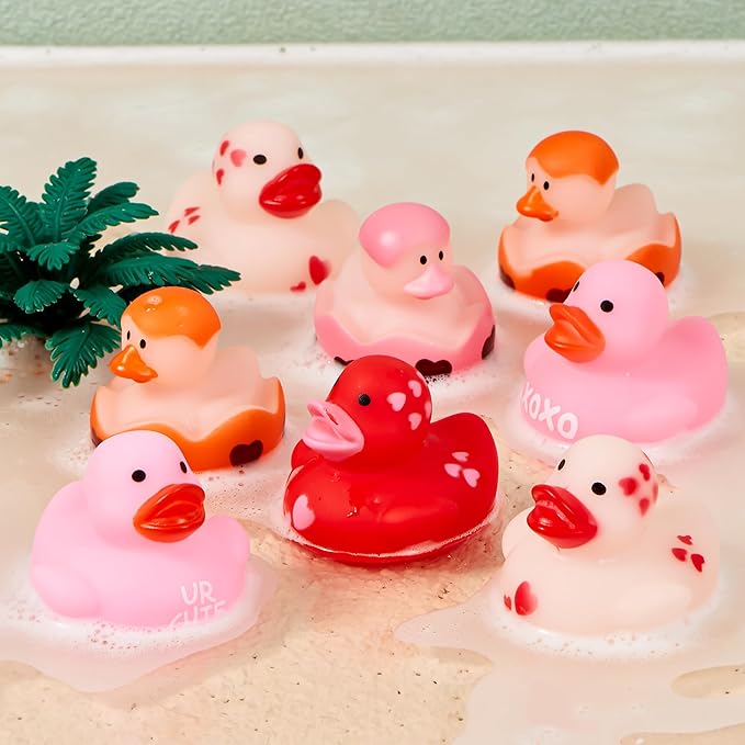 JOYIN 24 Pcs Valentine’s Day Gift Cards with Rubber Duck for Kids,Mini Rubber Duck Bath Toys for Classroom Exchange Prizes, Valentine Party Favors Toys