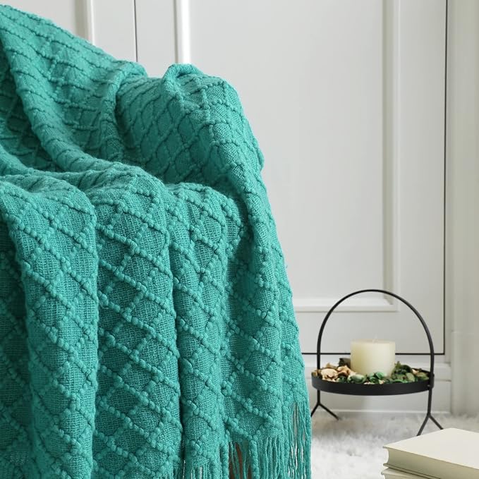 CREVENT Boho Crochet Throw Blanket for Couch Sofa Chair Bed Decoration, Gift Idea for Girlfriend Mom Birthday, Soft Warm Cozy Light Weight for Spring Summer (50''X60'' Aqua Blue/Teal)