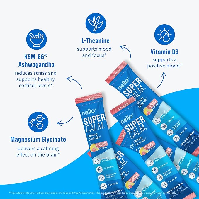 Nello Supercalm Powdered Drink Mix, Cortisol Reducer and Sleep Aid Supplement, L Theanine, Ksm-66 Ashwagandha, Magnesium Glycinate, Vitamin D 3, No Sugar, Non GMO, On The Go, 20 Ct, Raspberry Lemonade