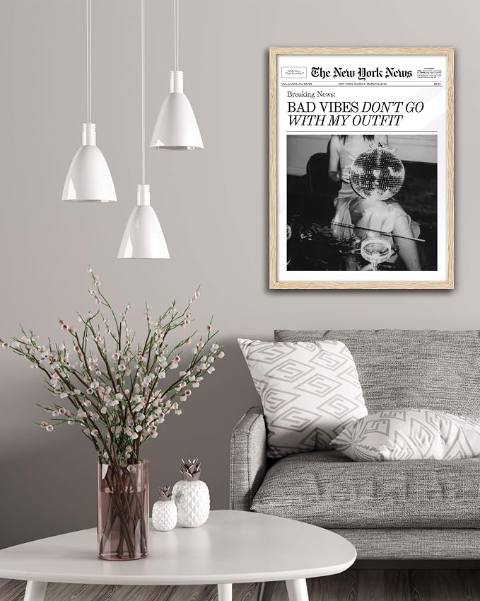 EcoHest 16x20 in Bad Vibes Don't Go With My Outfit Framed Wall Art | Solid Oak Wood Frame, Canvas Wall Art, Disco Fashion Newspaper Wall Decor for Bedroom, Apartment, Dorm, College Room, 1Pack