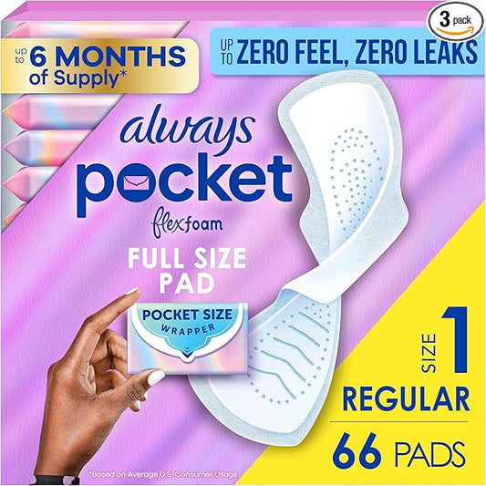 Always Pocket Feminine Pads with FlexFoam, Size 1, Regular, with Wings, Unscented, 66 Count (3 Packs of 22)