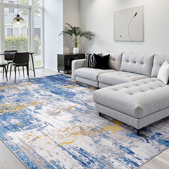 RELEANY Washable Square 10' x10' Area Rug for Living Room Blue Gold | carpet for bedroom, kitchen, office, hallway and entryway, printed pattern, non-slip, soft, stain-resistant, easy to clean