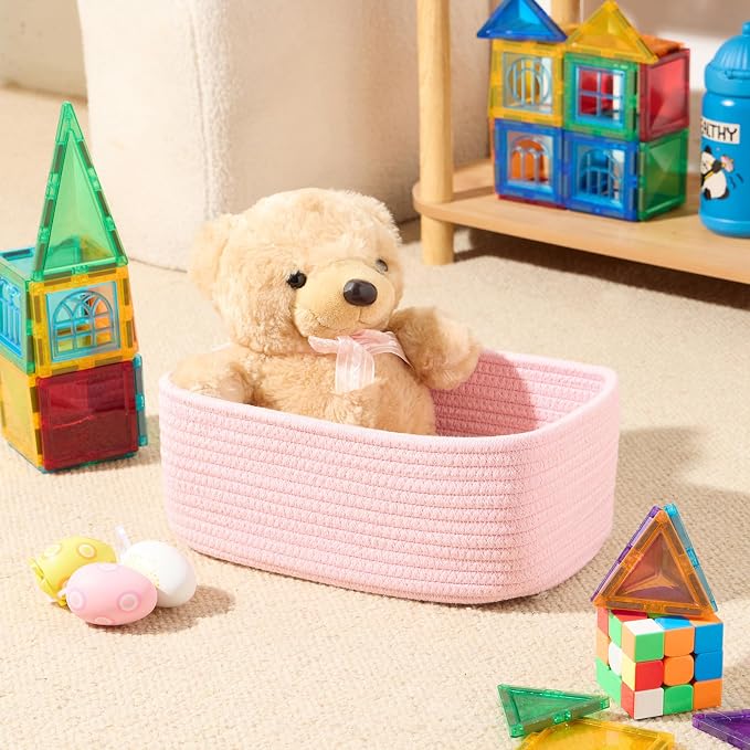 MiniArk Small Storage Baskets for Organizing | Closet Organizer Bins | Shelf Toy Basket | Woven Rope Baskets | Cube Decorative Box | Shallow Basket | 11.5x7.5x4.7” | 4 Packs Light Pink
