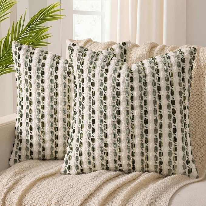 ANRODUO Boho Decorative Throw Pillow Covers Cream Olive 18x18 Inch Set of 2 | Chenille Tufted Pillow Covers, Woven Throw Pillow Covers with Raised Stripes, Neutral Pillowcase for Couch Sofa Living Room