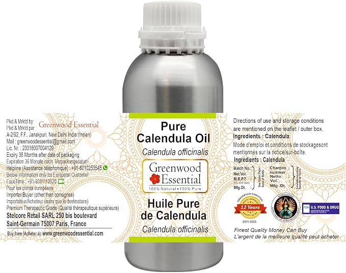 Greenwood Essential Pure Calendula Oil (Calendula officinalis) Premium Therapeutic Grade for Hair, Skin & Aromatherapy 300ml (10.1 oz)
